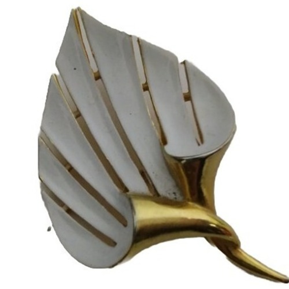 Leaf Brooch Gold Tone White Enamel Vintage Style‎ Pin Statement Jewelry